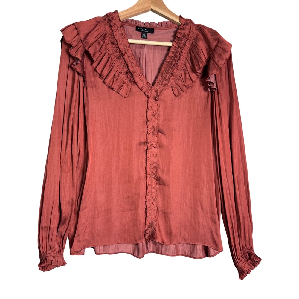 Current Air anthro Rust Ruffle V-Neck Long Sleeve Blouse Top boho contemporary